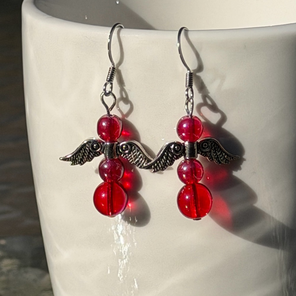 Handcrafted Red Angel Wing Earrings - Picture 3 of 13